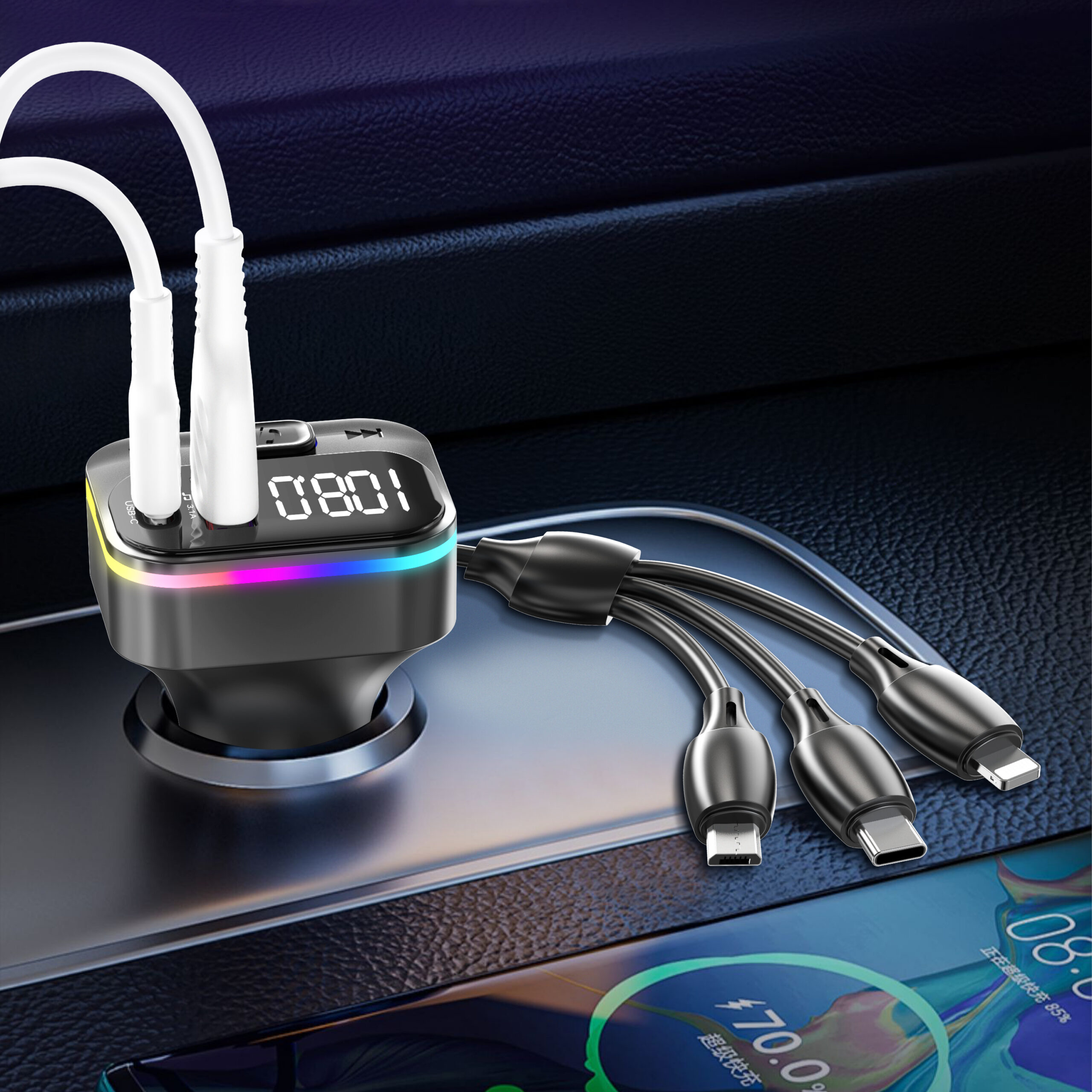 FM Трансмитер Earldom ET-M95, Bluetooth, USB, Type-C, 3.1A, С кабел 3 в 1, Черен - 17769 D-17769 4 FM Трансмитер Earldom ET-M95, Bluetooth, USB, Type-C, 3.1A, С кабел 3 в 1, Черен - 17769 - Image 2