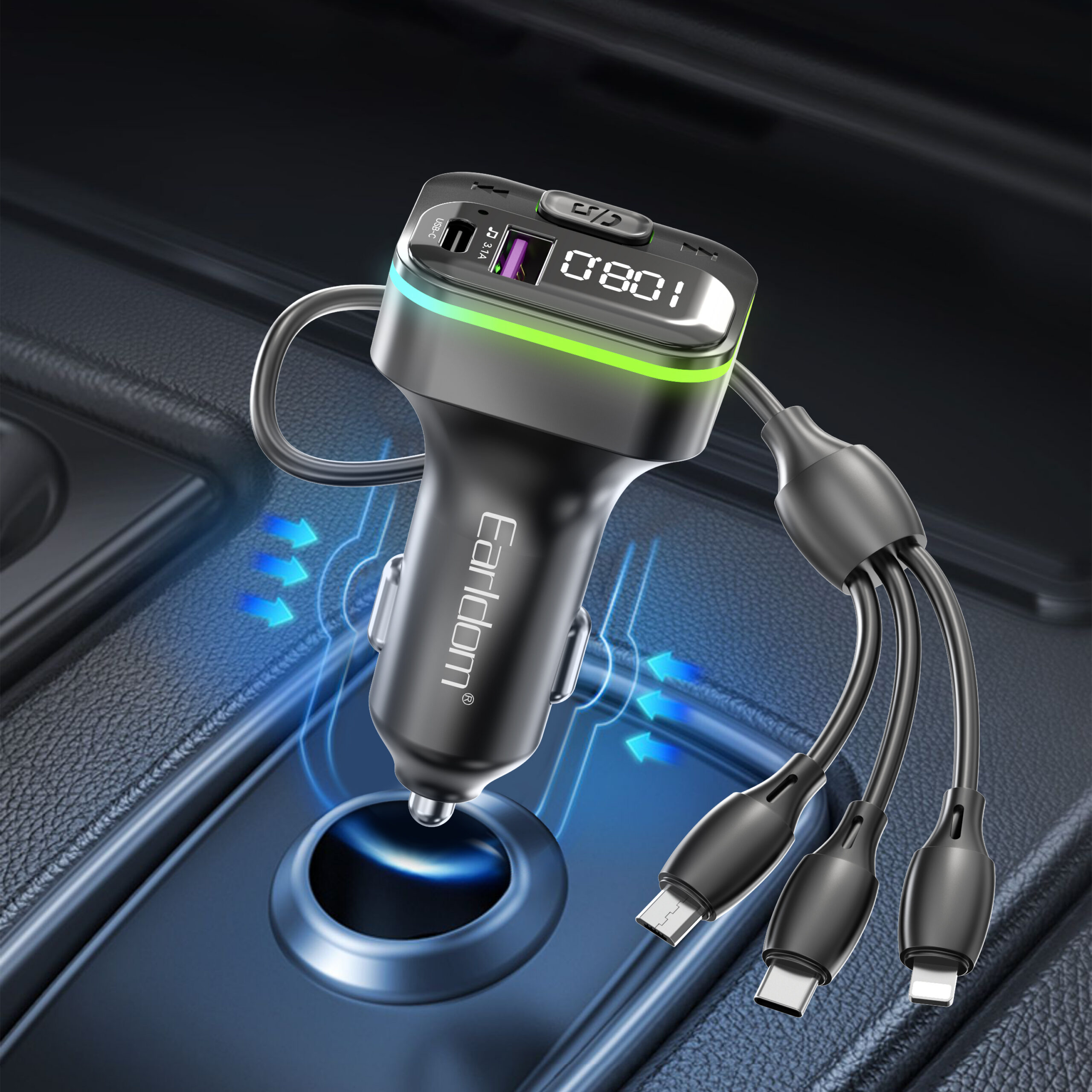 FM Трансмитер Earldom ET-M95, Bluetooth, USB, Type-C, 3.1A, С кабел 3 в 1, Черен - 17769 D-17769 7 FM Трансмитер Earldom ET-M95, Bluetooth, USB, Type-C, 3.1A, С кабел 3 в 1, Черен - 17769 - Image 5