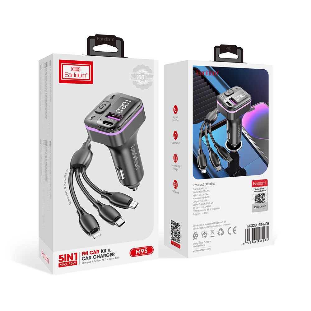FM Трансмитер Earldom ET-M95, Bluetooth, USB, Type-C, 3.1A, С кабел 3 в 1, Черен - 17769 D-17769 8 FM Трансмитер Earldom ET-M95, Bluetooth, USB, Type-C, 3.1A, С кабел 3 в 1, Черен - 17769 - Image 6