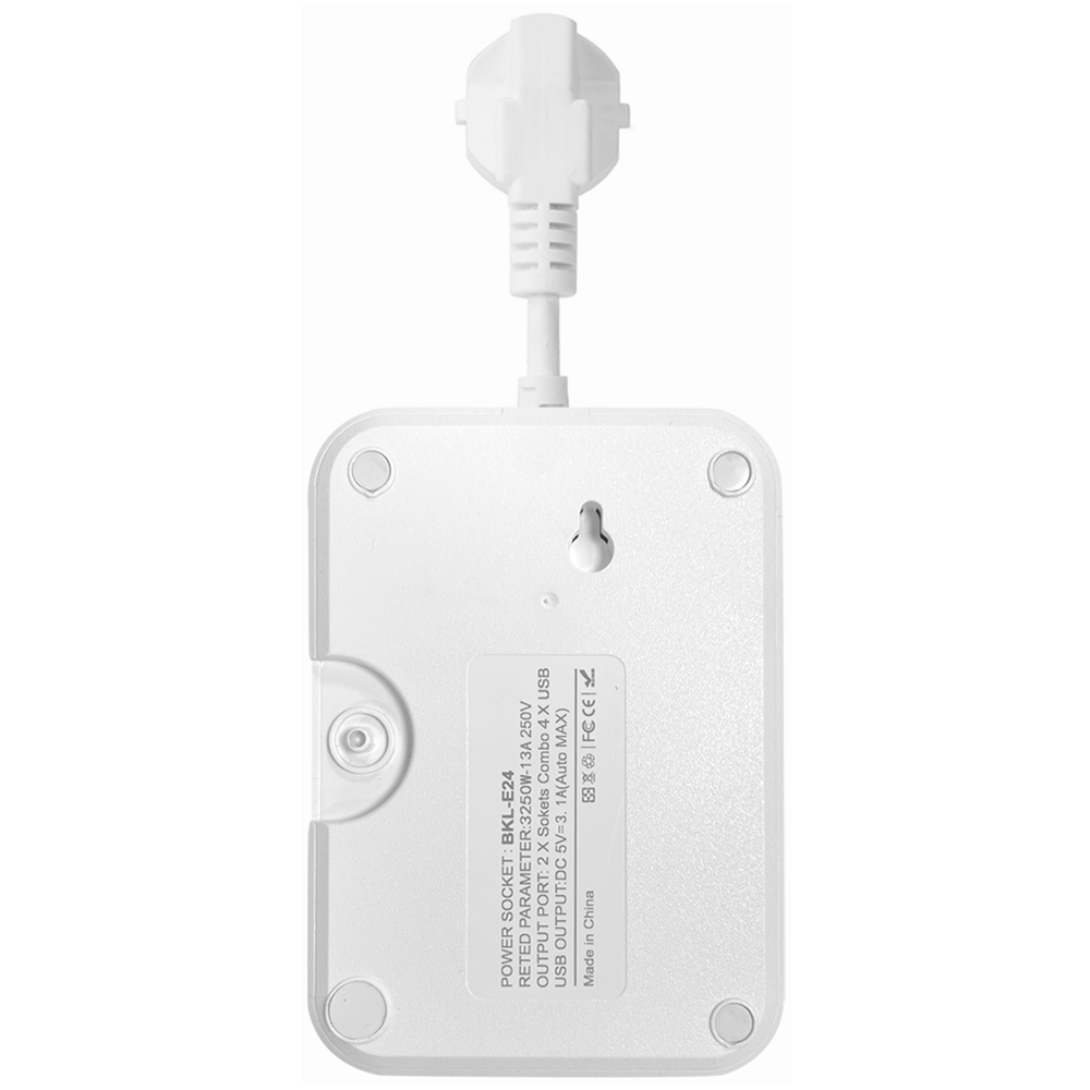 Удължител No brand, 2 гнезда, 250V, 10A, 2 x USB F, 2 x USB-C, С ключ, Бял - 17963