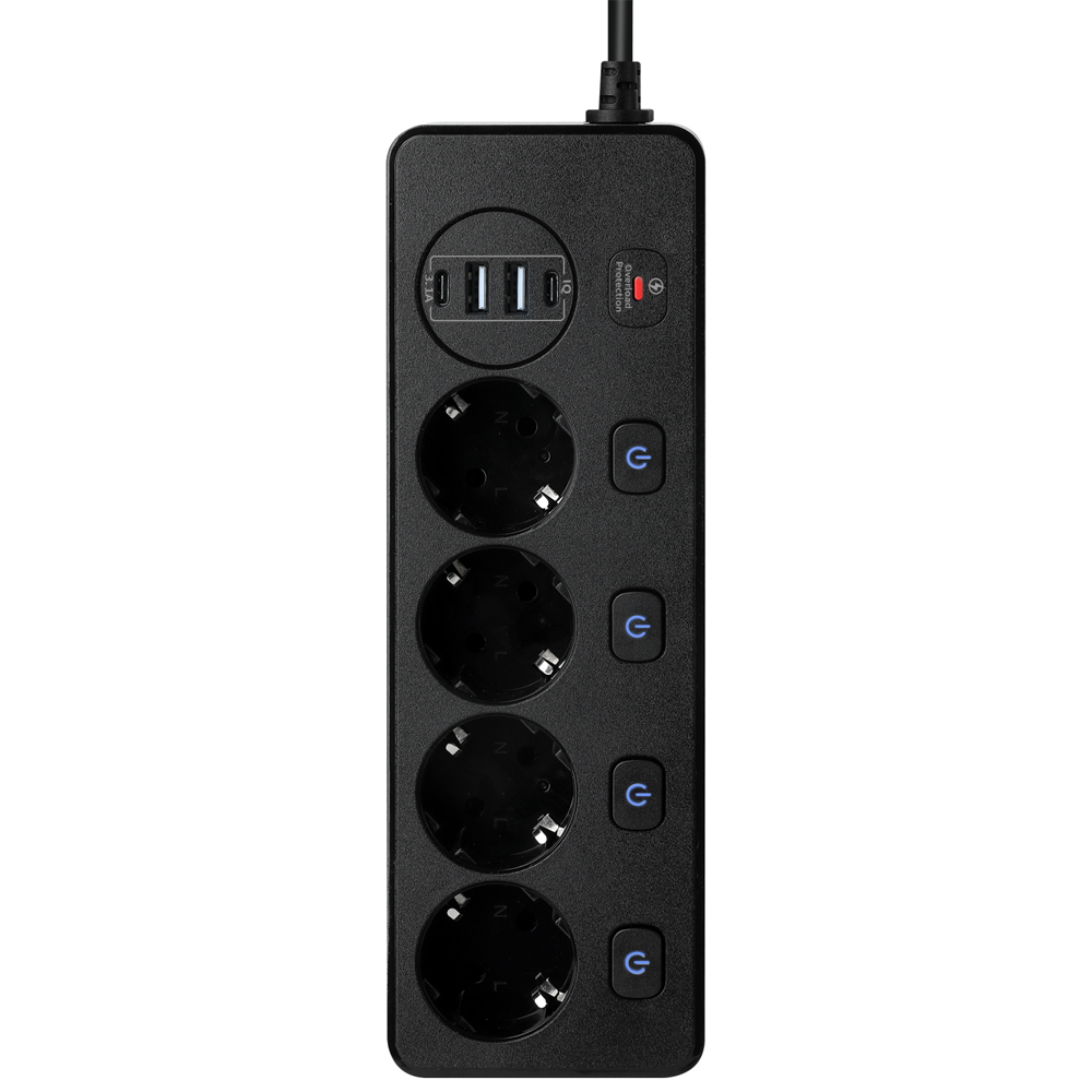 Удължител No brand, 5 гнезда, 250V, 10A, Кабел, 1.8м., 2 x USB-F, 2 x USB-C, С ключ, Бял - 17966