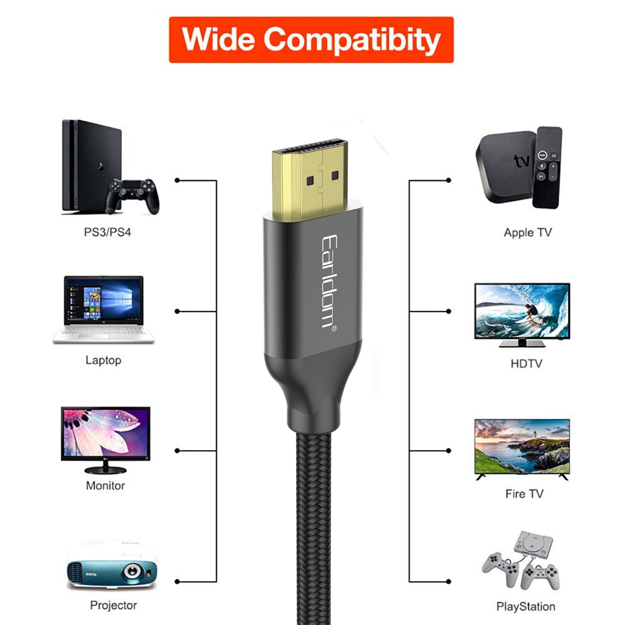 Кабел Earldom ET-W26 HDMI - HDMI, 3м., 4K, С оплетка, Черен - 18385 D-18385 5 Кабел Earldom ET-W26 HDMI - HDMI, 3м., 4K, С оплетка, Черен - 18385 - Image 3