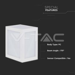 12w Led Стенна Лампа Куб 3000k Бяла Ip65-Sku:218334 VTAC-218334