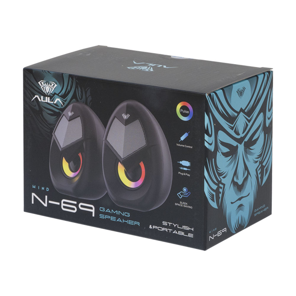 Тонколони Aula N-69, 2x3W, USB, RGB, Черен - 22183