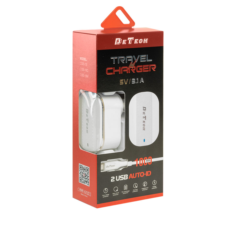 Мрежово зарядно устройство DeTech DE-15i, 5V/3.1A, 220V, 2 x USB, С Lightning кабел, 1.0m, Бял - 40097 D-40097 8 Мрежово зарядно устройство DeTech DE-15i, 5V/3.1A, 220V, 2 x USB, С Lightning кабел, 1.0m, Бял - 40097 - Image 6