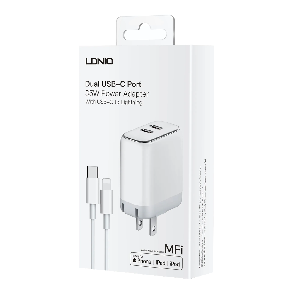Мрежово зарядно устройство LDNIO A2528M, MFi, 35W, 2 x Type-C F, PD, С Кабел Type-C към Lightning, Бял - 40280 D-40280 6 Мрежово зарядно устройство LDNIO A2528M, MFi, 35W, 2 x Type-C F, PD, С Кабел Type-C към Lightning, Бял - 40280 - Image 4