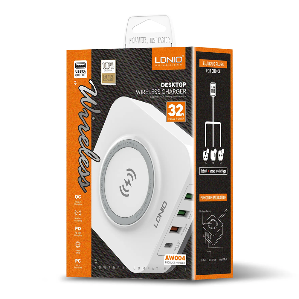 Безжично зарядно устройство LDNIO, 32W, Qi, 1 x Type-C F, 3 x USB F, PD, QC, PPS, Бял - 40294 D-40294 8 Безжично зарядно устройство LDNIO, 32W, Qi, 1 x Type-C F, 3 x USB F, PD, QC, PPS, Бял - 40294 - Image 6