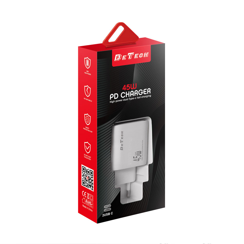 Мрежово зарядно устройство DeTech DE-PD, 45W, GaN, 2 x Type-C F, Бял - 40340 D-40340 3 Мрежово зарядно устройство DeTech DE-PD, 45W, GaN, 2 x Type-C F, Бял - 40340 - Image 2