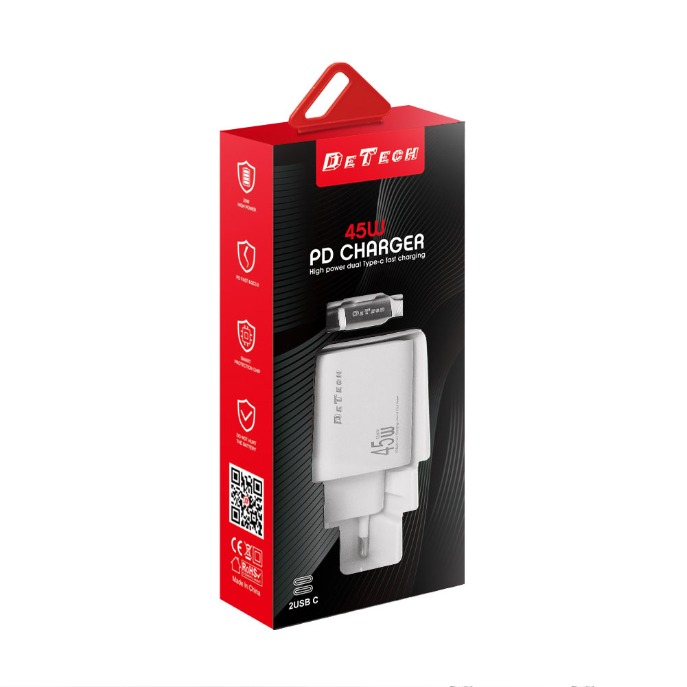 Мрежово зарядно устройство DeTech DE-PD, 45W, GaN, С Type-C кабел, 2 x Type-C F, Бял - 40341 D-40341 4 Мрежово зарядно устройство DeTech DE-PD, 45W, GaN, С Type-C кабел, 2 x Type-C F, Бял - 40341 - Image 2