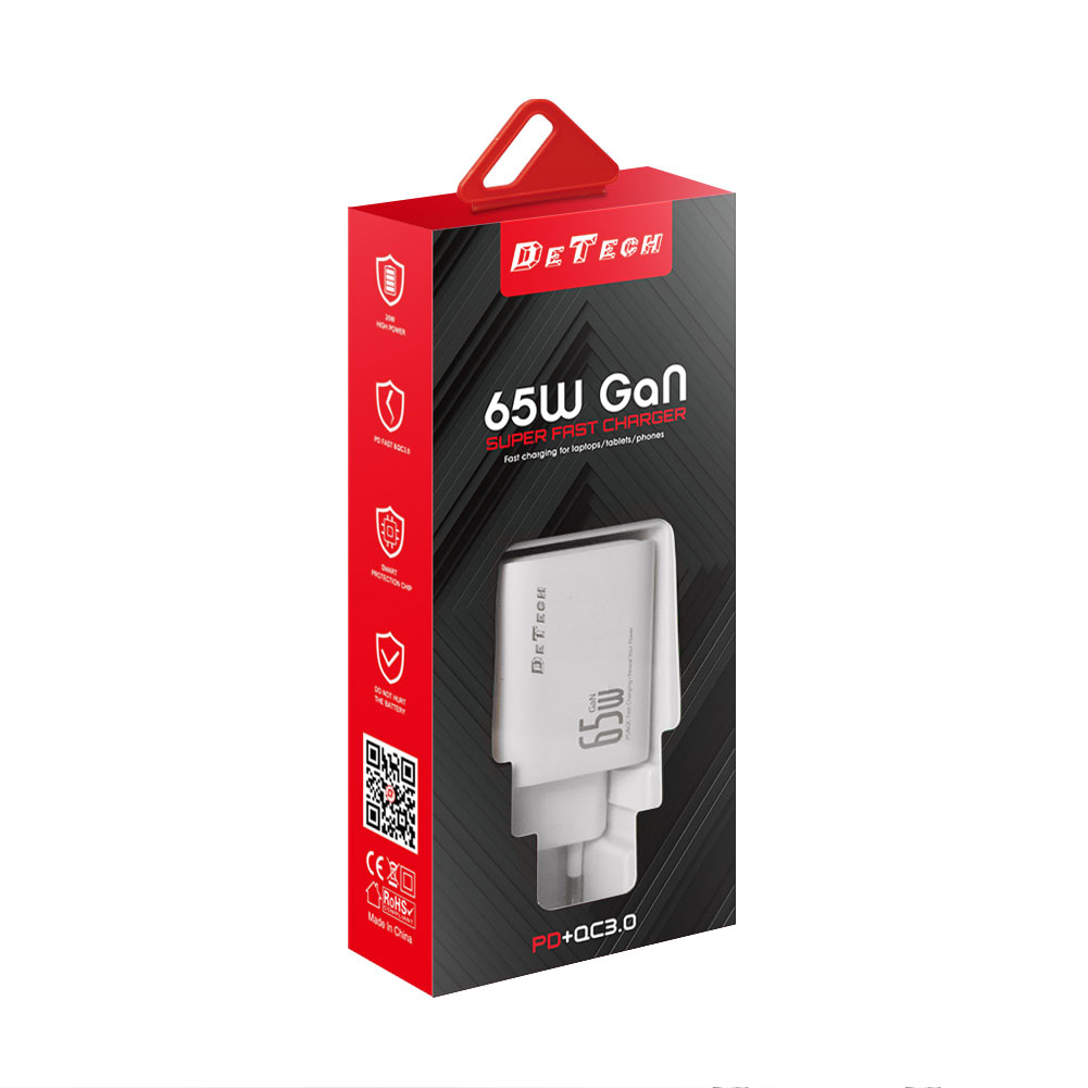 Мрежово зарядно устройство DeTech DE-PD, 65W, GaN, 2 x Type-C F, 1 x USB F, Бял - 40342 D-40342 4 Мрежово зарядно устройство DeTech DE-PD, 65W, GaN, 2 x Type-C F, 1 x USB F, Бял - 40342 - Image 2