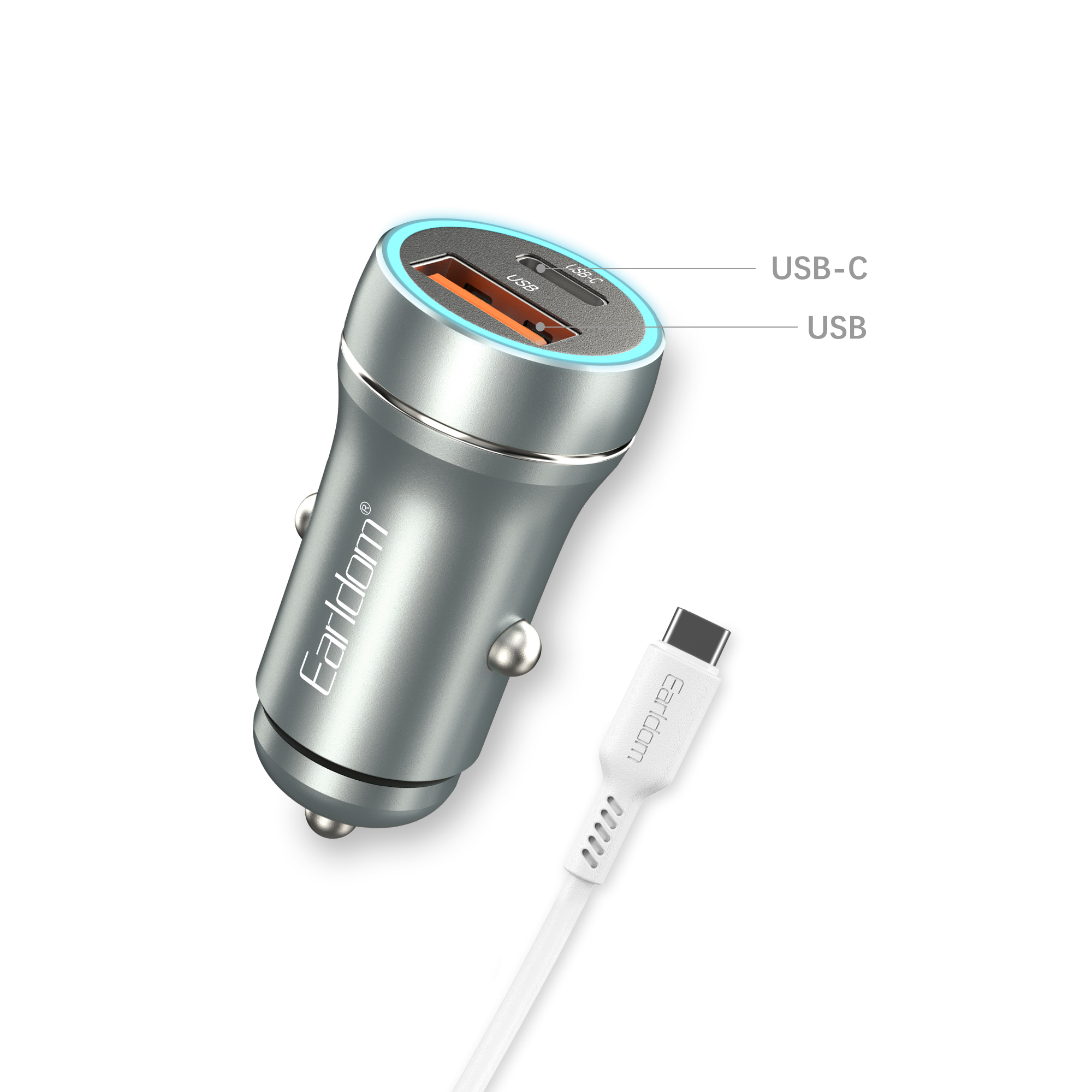 Зарядно устройство за кола Earldom ES-CC29, 30W, USB QC3.0, PD, С Type-C PD кабел, Сребрист - 40351