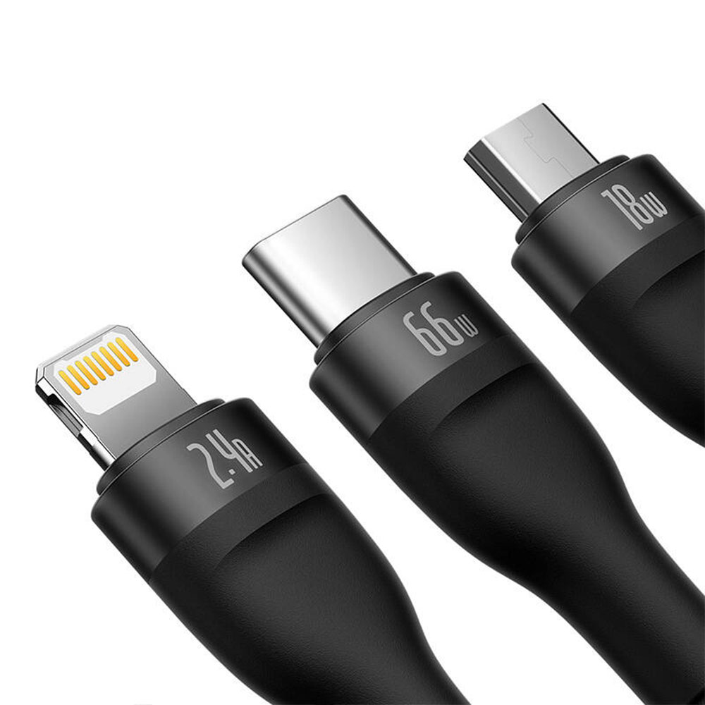 Кабел за зареждане Baseus Flash, 3 в 1, Micro USB, Lightning, Type-C, 66W, 1.2m, Черен - 40492 D-40492 4 Кабел за зареждане Baseus Flash, 3 в 1, Micro USB, Lightning, Type-C, 66W, 1.2m, Черен - 40492 - Image 2