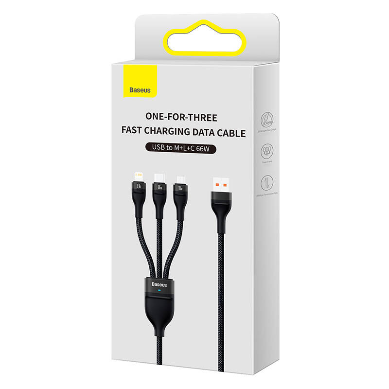 Кабел за зареждане Baseus Flash, 3 в 1, Micro USB, Lightning, Type-C, 66W, 1.2m, Черен - 40492 D-40492 5 Кабел за зареждане Baseus Flash, 3 в 1, Micro USB, Lightning, Type-C, 66W, 1.2m, Черен - 40492 - Image 3