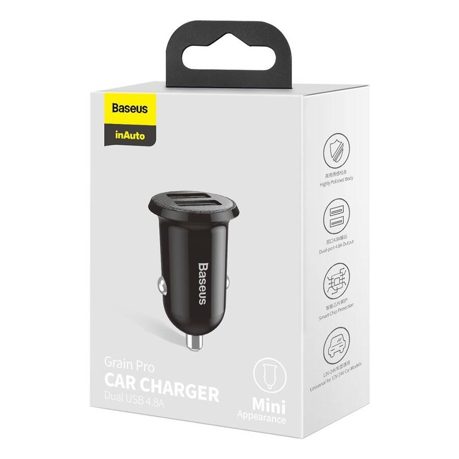 Зарядно устройство за кола Baseus Grain Pro, 4.8A, 2 x USB, Черен - 40509 D-40509 6 Зарядно устройство за кола Baseus Grain Pro, 4.8A, 2 x USB, Черен - 40509 - Image 4