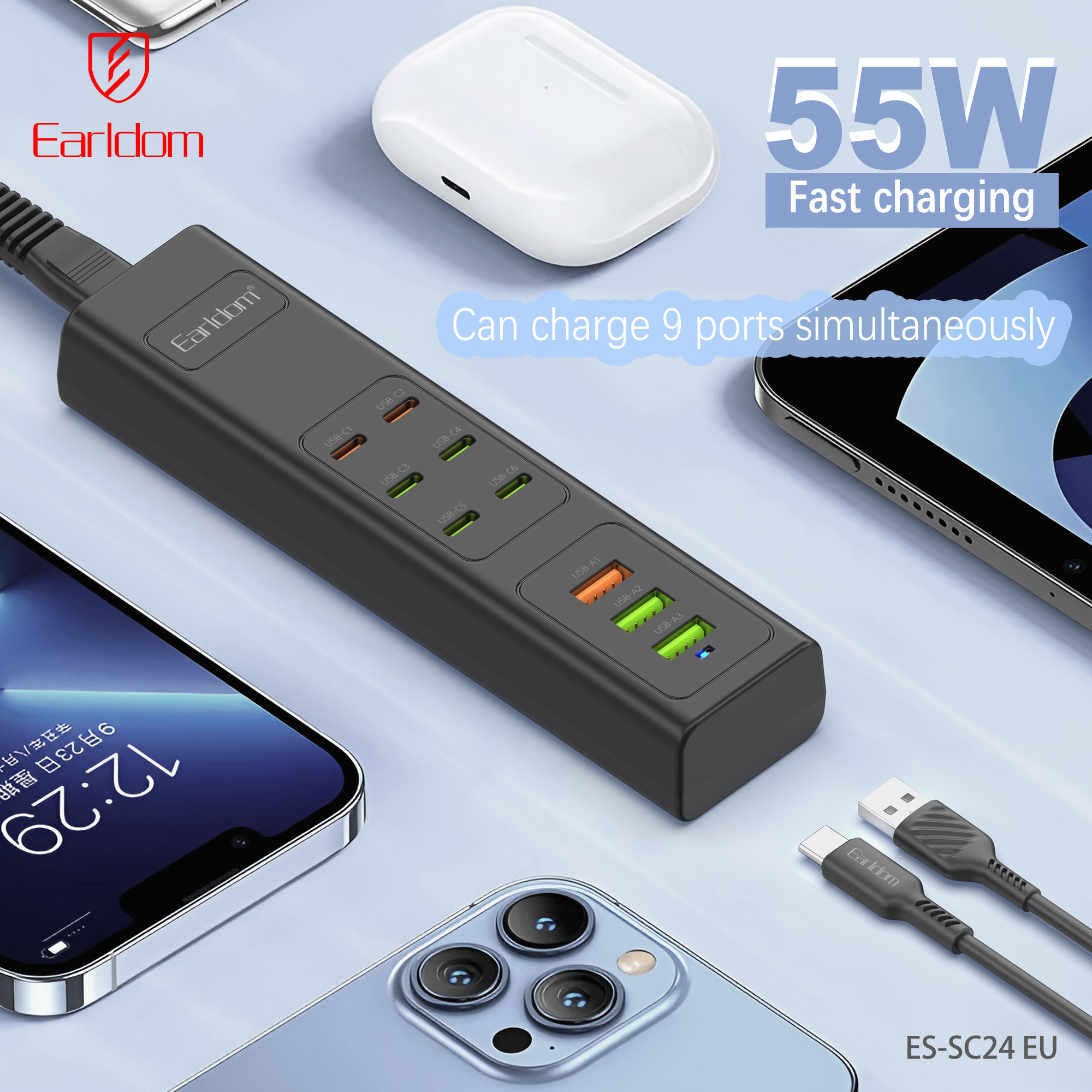 Удължител Earldom ES-SC24, 6 х USB-C, 3 x USB F, 1м., Черен - 40520