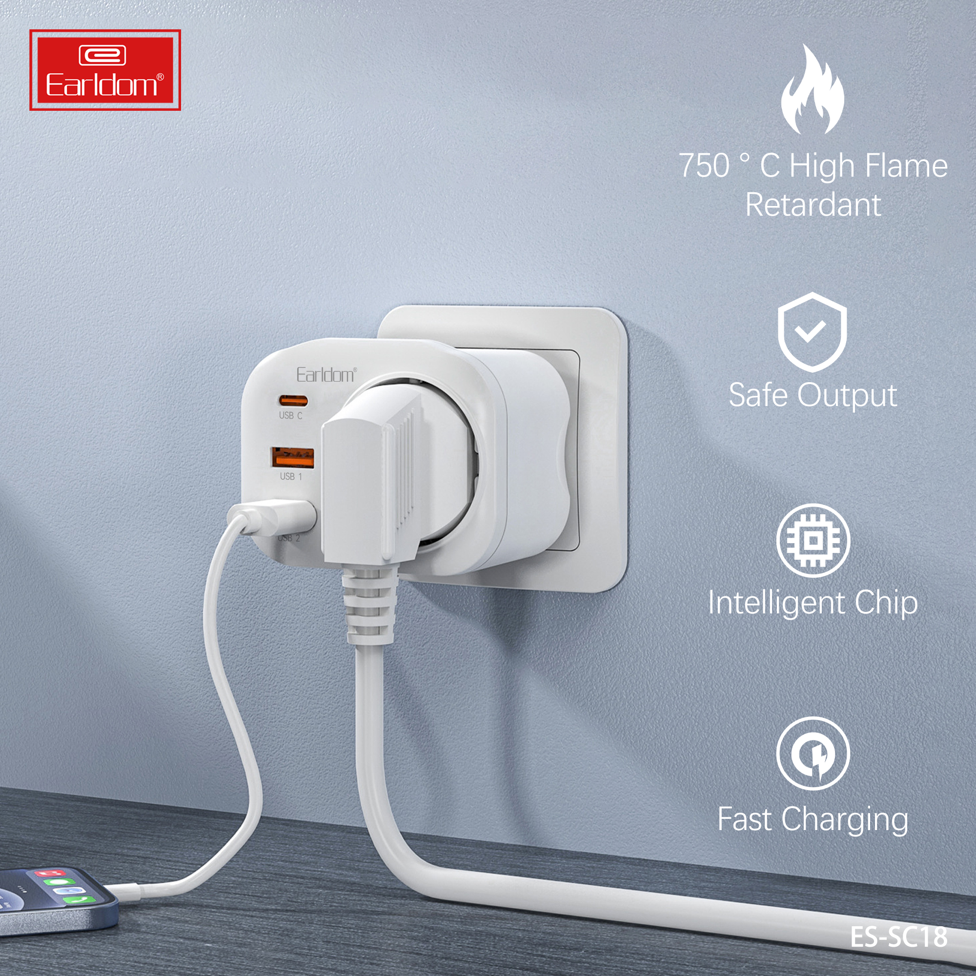 Универсален преходник - зарядно Earldom ES-SC18, 2xUSB, 1xType-C, Шуко, Бял - 40524 D-40524 4 Универсален преходник - зарядно Earldom ES-SC18, 2xUSB, 1xType-C, Шуко, Бял - 40524 - Image 3