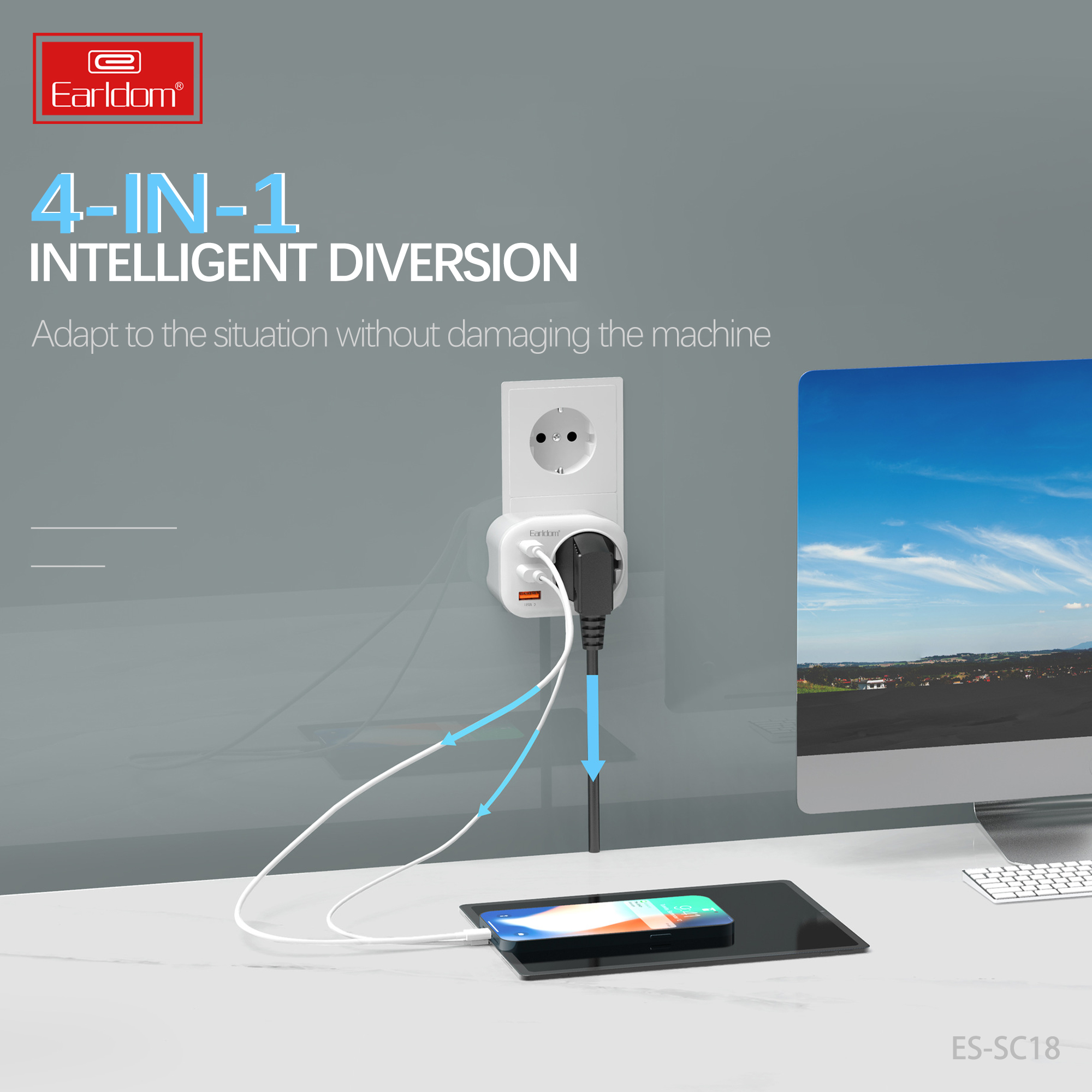 Универсален преходник - зарядно Earldom ES-SC18, 2xUSB, 1xType-C, Шуко, Бял - 40524 D-40524 6 Универсален преходник - зарядно Earldom ES-SC18, 2xUSB, 1xType-C, Шуко, Бял - 40524 - Image 5