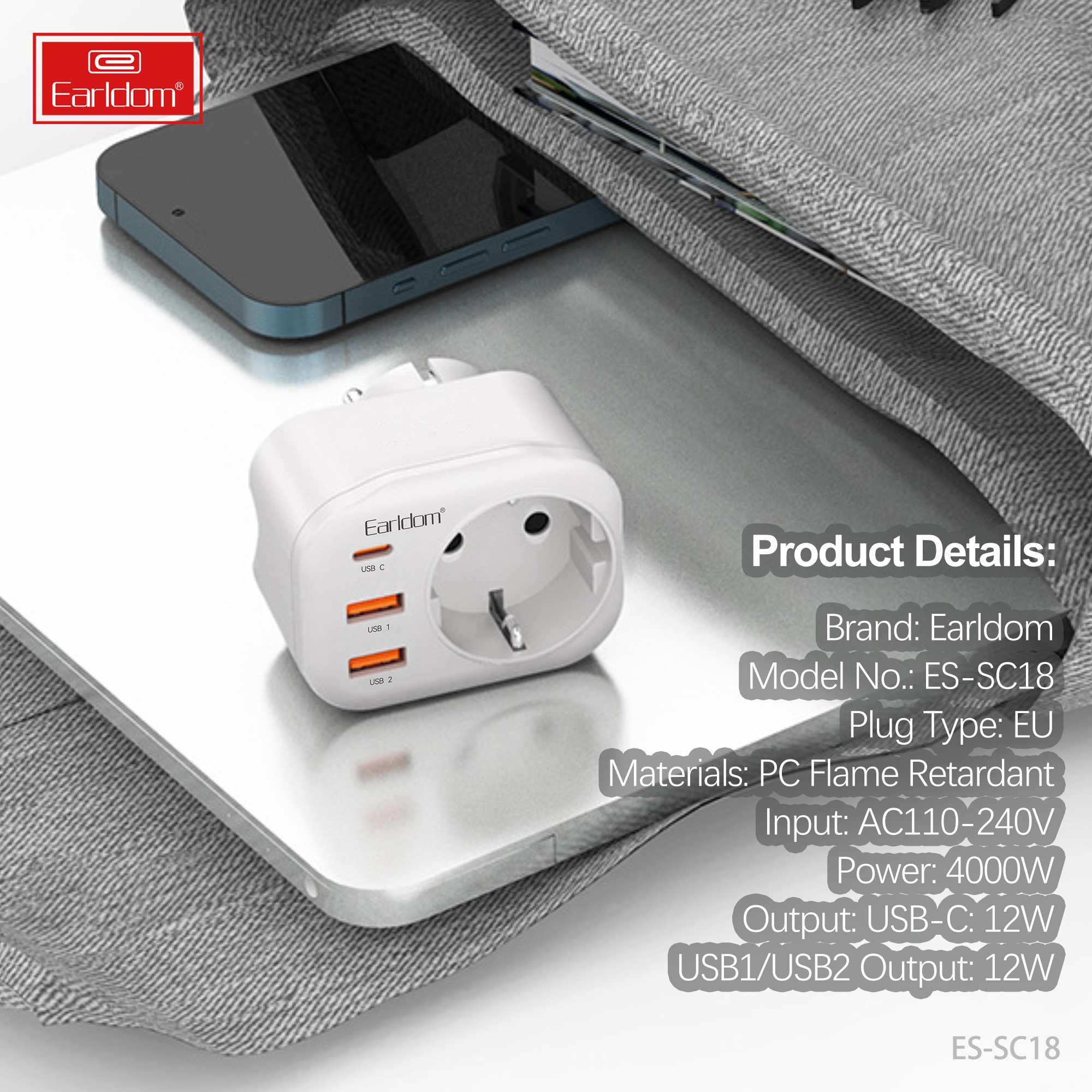 Универсален преходник - зарядно Earldom ES-SC18, 2xUSB, 1xType-C, Шуко, Бял - 40524 D-40524 7 Универсален преходник - зарядно Earldom ES-SC18, 2xUSB, 1xType-C, Шуко, Бял - 40524 - Image 6
