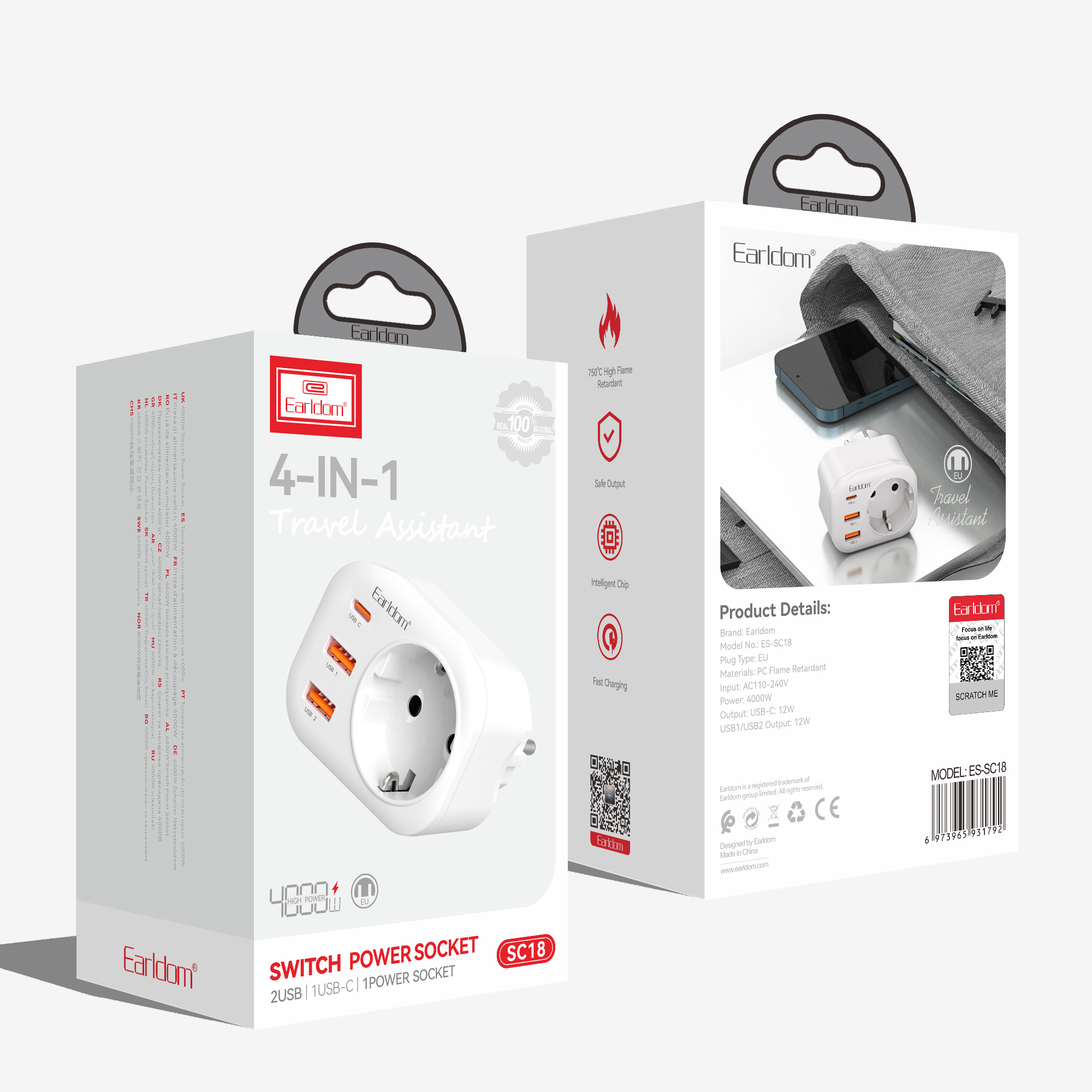 Универсален преходник - зарядно Earldom ES-SC18, 2xUSB, 1xType-C, Шуко, Бял - 40524 D-40524 8 Универсален преходник - зарядно Earldom ES-SC18, 2xUSB, 1xType-C, Шуко, Бял - 40524 - Image 7