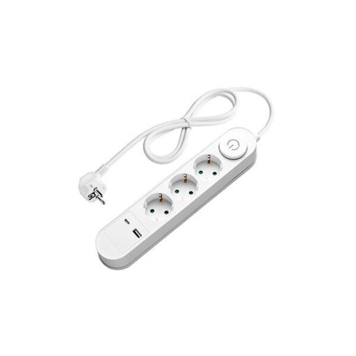 РАЗКЛОНИТЕЛ 3 ГНЕЗДА+SWITCH+USB-A(1A)+USB-C(PD18W) H05VV-F3G1.5mm-1.5M, 16A, 250V, Max3500W – БЯЛ