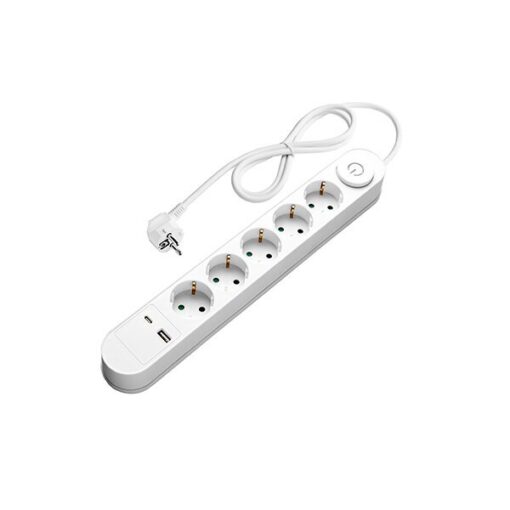 РАЗКЛОНИТЕЛ 5 ГНЕЗДА+SWITCH+USB-A(1A)+USB-C(PD18W) H05VV-F3G1.5mm-1.5M, 16A, 250V, Max3500W – БЯЛ