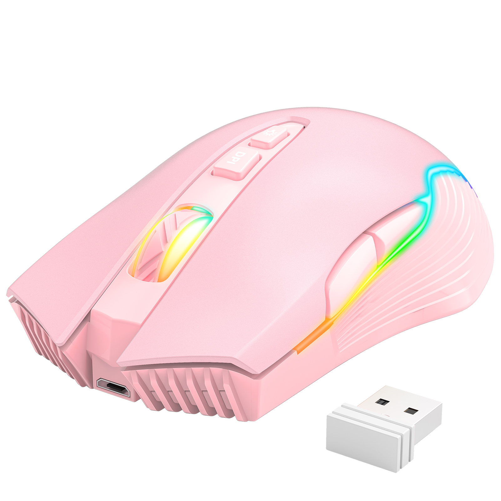 Геймърска мишка Onikuma CW905, Безжична, RGB, 7D, Розов - 769
